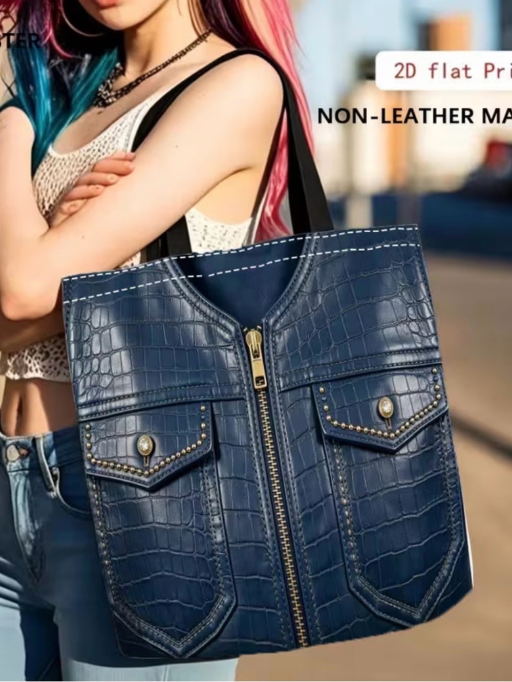 Women’s Navy Croc-Embossed Tote Bag with Front Pockets